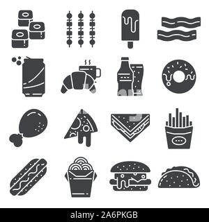 Ensemble de Fast Food Vector Icons. Contient des icônes telles que des pizzas, des tacos Illustration de Vecteur