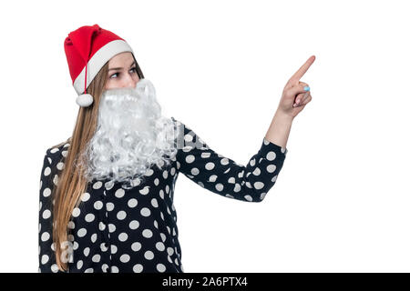 Femme en costume santa doigt points Banque D'Images