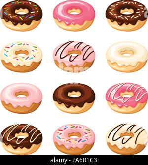 Ensemble de douze donuts avec blanc, rose et Chocolat glacé et saupoudre isolé sur un fond blanc. Vector illustration. Illustration de Vecteur