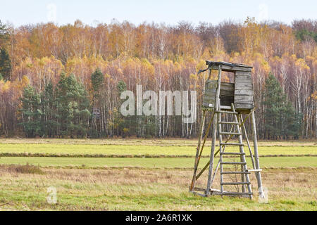 Tour de chasse dans un champ d'automne avec forêt en arrière-plan, selective focus. Banque D'Images