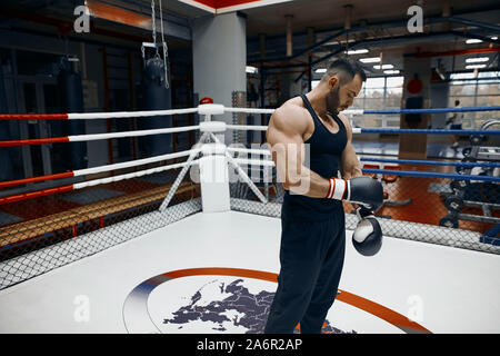 Boxer musculaire très fort de mettre des gants de boxe, se préparer pour la formation, Close up side view photo. style de vie, temps libre, temps libre Banque D'Images