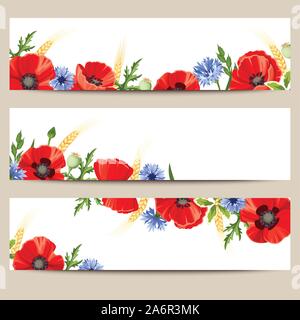 Ensemble de trois bannières web vecteur avec coquelicots rouge et bleu de barbeaux. Illustration de Vecteur