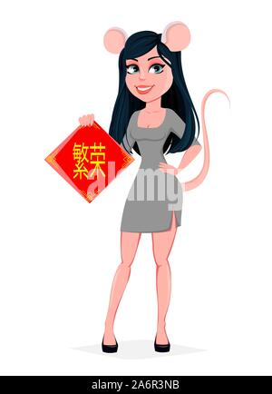 Belle jeune femme en costume de carnaval de souris. Vector illustration sur fond blanc. La prospérité se traduit comme lettrage Illustration de Vecteur