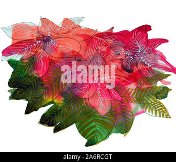 Poinsettia avec des feuilles vertes et fleurs rouge Aquarelle illustration abstraite Banque D'Images