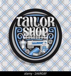 Logo Vector pour atelier de couture, signe rond noir moderne avec machine à coudre, mannequin masculin avec ruban de mesure pour répondre à l'habillement, la brosse d'origine typeface f Illustration de Vecteur