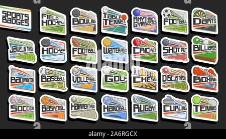 Vector Set de badges, 27 sports différents signes de genre jeux de sports avec lettrage original, collection d'autocollants isolé avec flying sport balls, Illustration de Vecteur