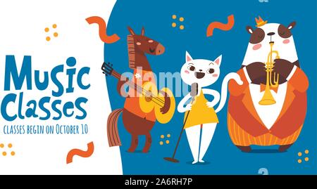 Cours de musique vecteur mignon flyer ou affiche design avec des animaux marrants à jouer de la musique Illustration de Vecteur