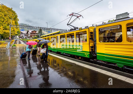 Wengen, Suisse - 10 octobre 2019 : le vert et le train jaune de la Wengernalpbahn de Lauterbrunnen à Kleine Scheidegg arrivant de la stati Banque D'Images