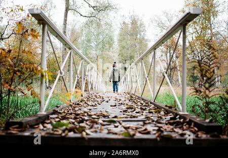 Garçon marchant le long d'un pont avec les feuilles d'automne à l'automne dans la forêt Banque D'Images