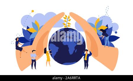 Sauver la Terre jour vector concept illustration design plat. Les gens de l'usine moderne de protection de l'environnement nature. Planète nature mondiale des affaires. La croissance de la main Illustration de Vecteur
