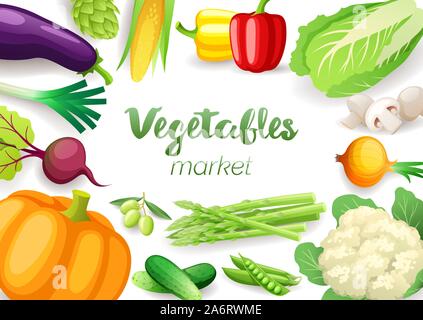 Vue de dessus les légumes. Farmers Market menu design. Des légumes colorés, des aliments sains, biologiques illustration vectorielle. Illustration de Vecteur