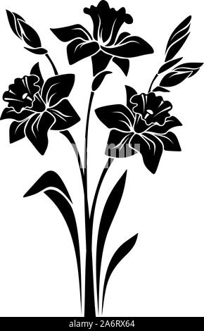 Silhouette noire vectorielle de bouquet de fleurs de narcisse isolées sur un fond blanc. Illustration de Vecteur