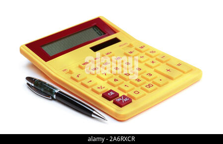 Stylo calculatrice avec isolé sur fond blanc Banque D'Images