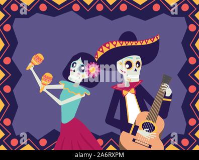 Dia de los muertos avec carte mariachi playing guitar et catrina Illustration de Vecteur