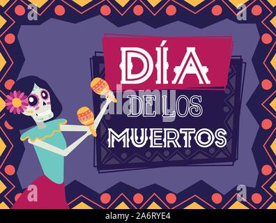 Dia de los muertos carte avec catrina jouant des maracas Illustration de Vecteur