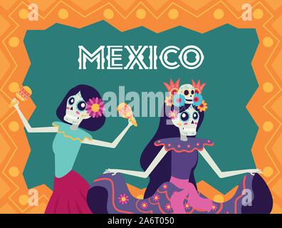 Dia de los muertos carte avec catrinas jouant des personnages de maracas Illustration de Vecteur