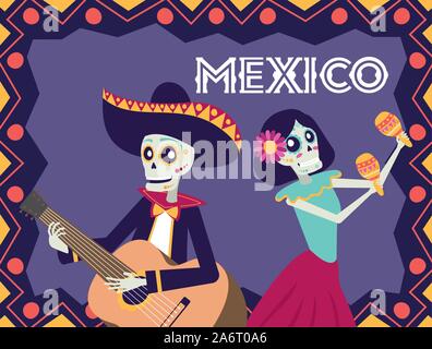 Dia de los muertos avec carte mariachi playing guitar et catrina Illustration de Vecteur