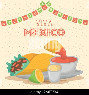 Viva Mexico célébration avec de la nourriture et les sauces Illustration de Vecteur