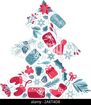 Décoration de Noël icons set avec des feuilles, des cadeaux, des fleurs, des tasses et d'autres articles en forme de sapin. Des éléments isolés vector illustration Illustration de Vecteur