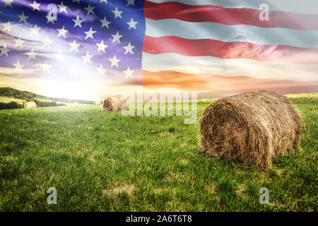 L'industrie agricole nationale concept - ferme idyllique avec des balles de foin sur le terrain sur l'arrière-plan de l'USA flag (mixte). Banque D'Images