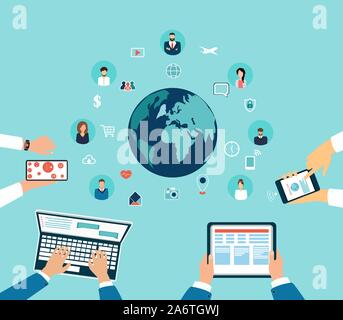 Vecteur de personnes en utilisant les mains, gadgets modernes de communication sur les médias sociaux dans le monde de la plate-forme Illustration de Vecteur