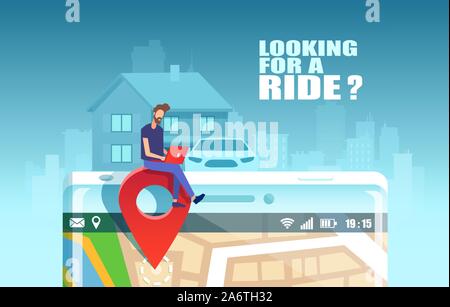 La technologie app covoiturage concept. Vecteur d'un hipster guy la planification d'une visite d'une ville à l'aide d'application mobile pour rechercher des services de partage de voiture Illustration de Vecteur