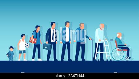 Différentes générations et concept du cycle de vie. Vecteur d'un bébé en grandissant devenir adolescent, homme mûr et des personnes âgées à mobilité réduite jusqu'à l'âge de guy evoluti Illustration de Vecteur