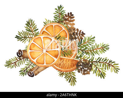Arrangement de fleurs Noël aquarelle de pin avec des pommes de pin et les tranches d'orange Banque D'Images