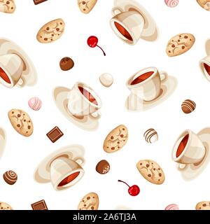 Motif transparent vecteur avec tasses de thé, biscuits et confiserie Chocolat sur un fond blanc. Illustration de Vecteur