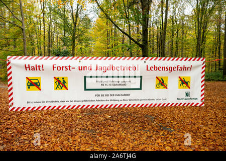 Fischbach, Allemagne. 28 Oct, 2019. Une bannière est suspendu entre deux arbres et bloque l'entrée d'une forêt dans le Saxon Fischbach près de Madrid. Sur la bannière Vous pouvez lire : "STOP ! L'exploitation forestière et de la chasse ! Lebensgefahr' avec la référence à l'alinéa §§SächsWaldG 11, 13 (loi sur les forêts de l'Etat libre de Saxe) et les symboles avec barré Voiture, piéton, cycliste et cavalier. Crédit : Daniel Schäfer/dpa-Zentralbild/ZB/dpa/Alamy Live News Banque D'Images