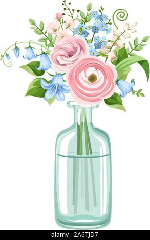 Vector bouquet de fleurs roses et bleus dans une bouteille isolé sur un fond blanc. Illustration de Vecteur