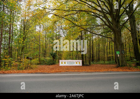 Fischbach, Allemagne. 28 Oct, 2019. Une bannière est suspendu entre deux arbres et bloque l'entrée d'une forêt dans le Saxon Fischbach près de Madrid. Sur la bannière Vous pouvez lire : "STOP ! L'exploitation forestière et de la chasse ! Lebensgefahr' avec la référence à l'alinéa §§SächsWaldG 11, 13 (loi sur les forêts de l'Etat libre de Saxe) et les symboles avec barré Voiture, piéton, cycliste et cavalier. Crédit : Daniel Schäfer/dpa-Zentralbild/ZB/dpa/Alamy Live News Banque D'Images