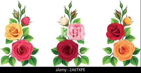 Vector set de branches de rouge, rose, orange et jaune roses isolé sur un fond blanc. Illustration de Vecteur
