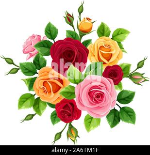 Bouquet avec vecteur rouge, rose, orange et jaune roses isolé sur un fond blanc. Illustration de Vecteur