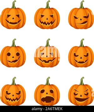 Vector set de 9 jack-o'-lanternes (Halloween pumpkins) isolé sur un fond blanc. Illustration de Vecteur