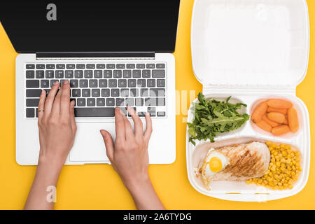 Portrait of woman using laptop et eco emballage avec des légumes, de la viande, œuf frit et roquette jaune isolé sur Banque D'Images