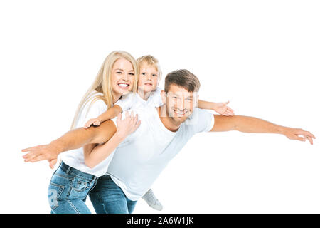 Heureux père et fils tendre la main près de l'attractive woman isolated on white Banque D'Images