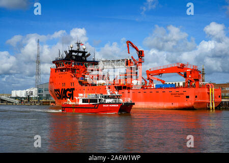 Dalby Humber Mer du Nord l'énergie éolienne en mer à bord du navire de soutien, Great Yarmouth, Norfolk, Royaume-Uni. Banque D'Images