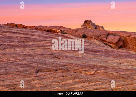 La Vallée de Feu Coucher du soleil- une des nombreuses formations rocheuses en rouge le parc national de la Vallée de Feu dans le Nevada. Banque D'Images