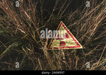 Vue de dessus du triangle avec symbole toxique d'avertissement sur l'herbe, concept post apocalyptique Banque D'Images
