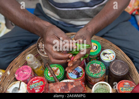 Détail d'un vendeur paan la préparation d'un mélange de tabac et d'arec enveloppée dans une feuille de bétel, Delhi, Inde Banque D'Images