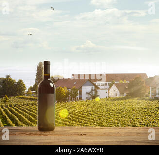 Bouteille de vin rouge sur la rampe en bois avec scène rurale du pays en arrière-plan. Feuilles vert et calme le soleil d'été 24. Copyspace. Des boissons d'alcool sur l'arrière-cour de grande maison. Banque D'Images