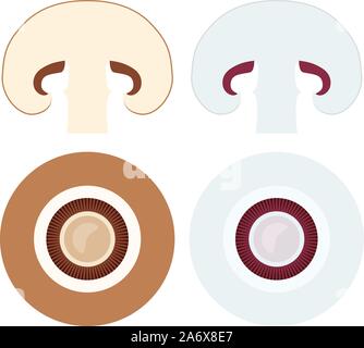 Champignons ensemble avec mise à plat de l'ensemble des icônes et champignons bruns ou blancs tranchés Illustration de Vecteur