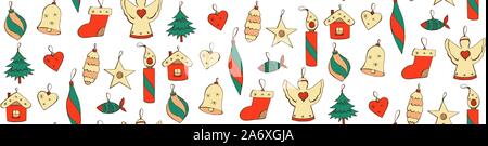 Motif transparent vecteur doodle en style avec des décorations de Noël à la main isolé sur blanc. Texture sans fin positive en rouge et vert. Gagner Illustration de Vecteur