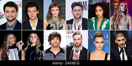 Des photos du composite non datée (rangée du haut de gauche à droite) Daniel Radcliffe, Harry Styles, 30, 25, 29, Emma Watson, one direction, 26, Little Mix états Leigh-Anne Pinnock, 28 et peu d'états Mix intangible States Nelson, 28. (Rangée du bas de gauche à droite) Petit Mix Jade Thirlwall, 26 membres, peu d'états Mix Perrie Edwards, 26, Louis Tomlinson, 27, Liam Payne, Cara Delevingne, 26, 27 et Zayn Malik, 26. Ils sont dans le top 10 des stars les plus riches du Royaume-Uni, de 30 ans et moins, (dans l'ordre du deuxième nombre le plus riche à 10), avec Daniel Radcliffe au numéro deux avec une richesse d ? ?90 millions de dollars, peu de membres Mix Banque D'Images