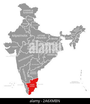 Le Tamil Nadu a souligné en rouge carte de l'Inde Banque D'Images