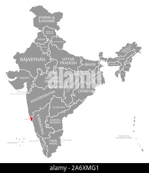 Goa a mis en évidence dans la carte rouge de l'Inde Banque D'Images