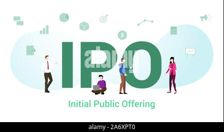 Ipo offre publique initiale concept avec grand mot ou texte et de l'équipe de personnes avec une télévision moderne style - vector Banque D'Images