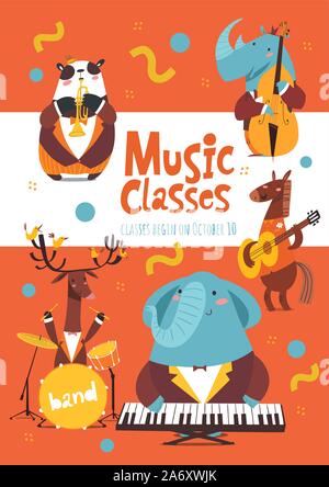 Cours de musique vecteur publicité flyer ou affiche design avec des animaux marrants à jouer de la musique Illustration de Vecteur