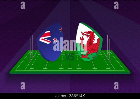 L'équipe de rugby de la Nouvelle-Zélande contre le Pays de Galles sur terrain de rugby. Vector Sport modèle. Illustration de Vecteur